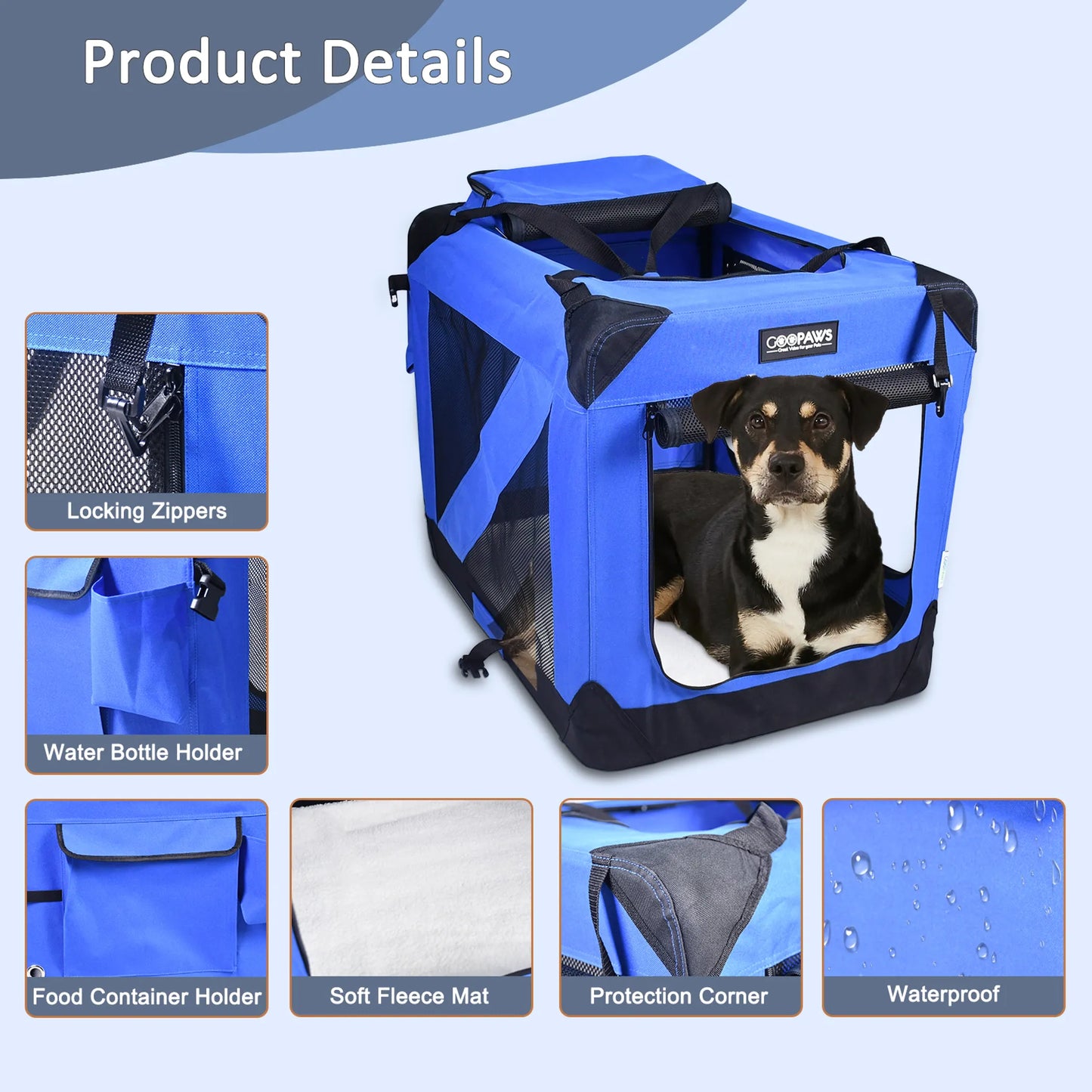 JESPET Soft Pet Crates Kennel, 3 Door Soft Sided Folding Travel Pet Carrier with Straps and Fleece Mat for Dogs, Cats, Rabbits, Indoor/Outdoor Use with Grey, Blue & Beige, Black