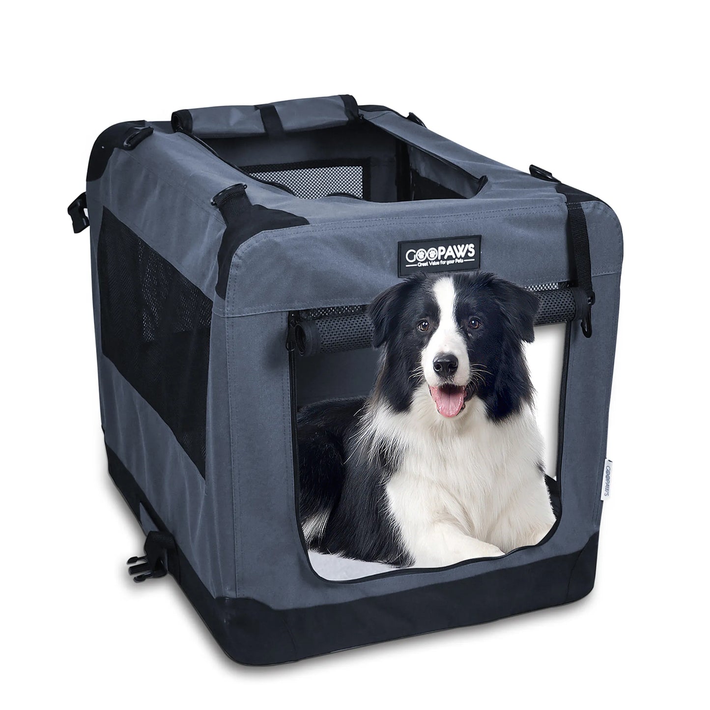 JESPET Soft Pet Crates Kennel, 3 Door Soft Sided Folding Travel Pet Carrier with Straps and Fleece Mat for Dogs, Cats, Rabbits, Indoor/Outdoor Use with Grey, Blue & Beige, Black