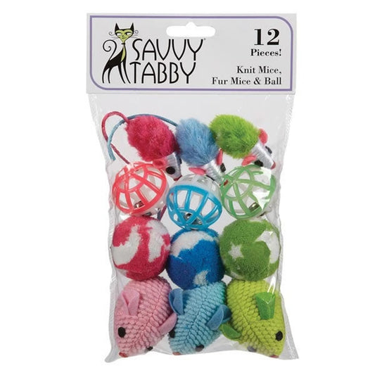 ST Knit Mice Fur Mice & Ball 12Pk