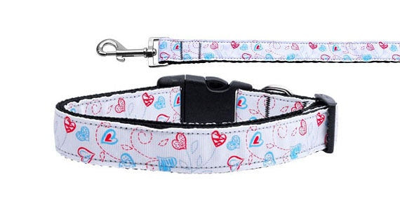 Pet Dog & Cat Nylon Collar or Leash, "Patriotic Crazy Hearts"