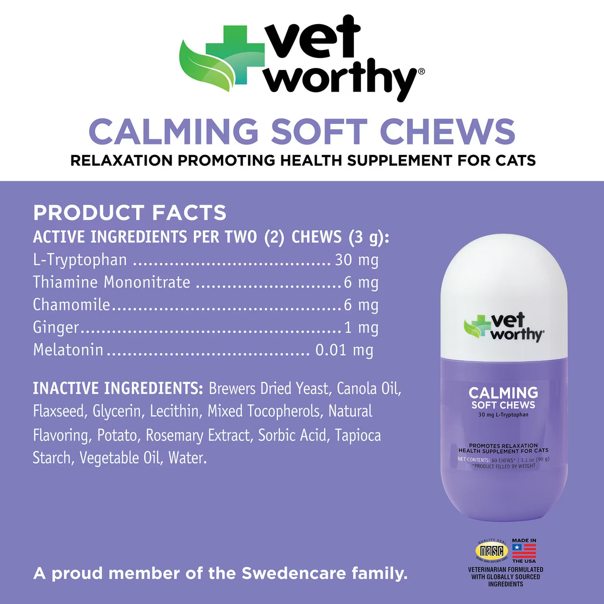 Vet Worthy Feline Calming Soft Chews Allergy & Anxiety Supplement for Cats, 60 count